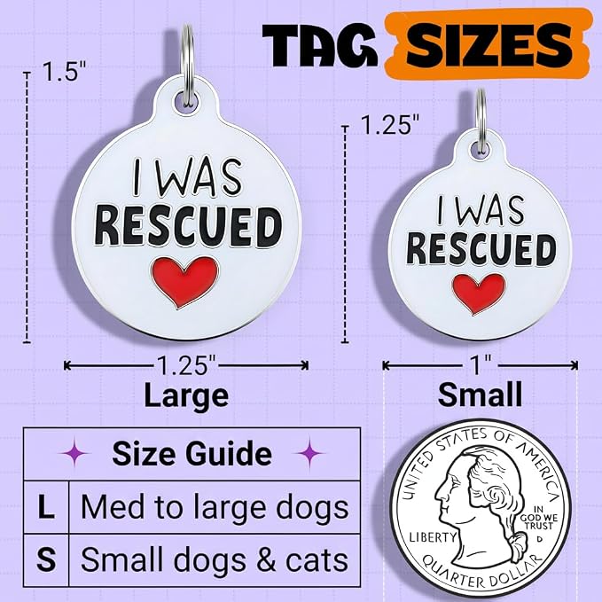 Bad Tags Personalized Dog and Cat ID Tags in 25+ Designs and 2 Sizes - 5 Lines of Custom Engraved Text - Funny Cute Personalized Pet Tags (I was Rescued, Small (1 inch))