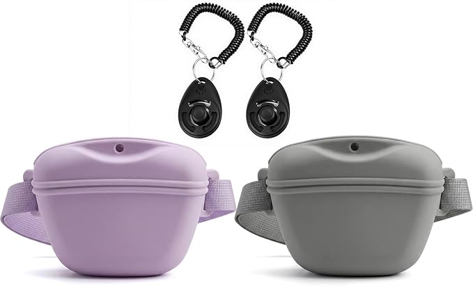 One-Hand Access 2-Pack Silicone Dog Treat Pouches with 2 Training Clickers - Magnetic Auto-Closing Lid, Extended Waist Belt, Pocket-Sized for Walks