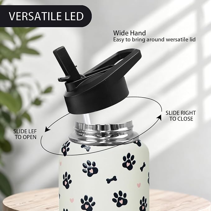 32oz Dog Paw Insulated Water Bottle with Straw, Gym Hiking Sports Coffee Mug Cup, Dog Paw Gifts for Women Decor Accessories