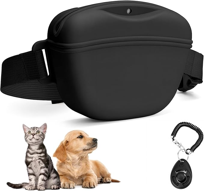 Dog Treat Pouch with Training Clicker - Silicone Treat Bag, No-Spill Magnetic Closure, Hands-Free Belt for Dog Walking & Training, 1.67-Cup