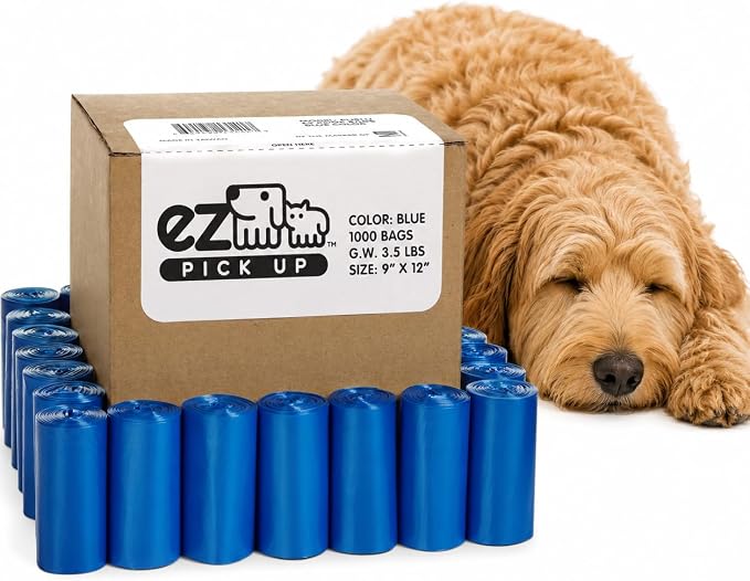 EZ Pick Up 1000 Ct Dog Waste Bags Blue 50 Rolls 1000 Poop Pet Disposal Bag | leak proof, extra large, heavy duty, puppy training, refill bags, 9"x12", poo bag, poopy clean up