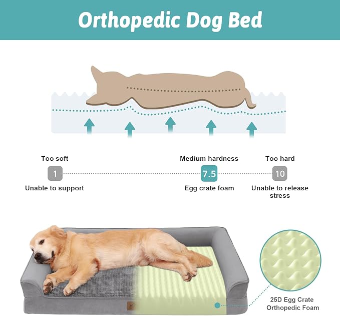 COZY KISS Orthopedic Dog Beds for Large Sized Dog, XL Bolster Pet Couch with Waterproof Lining, Egg Crate Foam Sofa for Pets Up to 100 lbs, U-Shaped, 48x32x7.5 inch, Grey