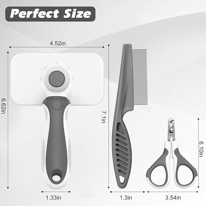 3PCS Cat Grooming Supplies, Cat Brush & Nail Clipper/Trimmer & Flea Comb for Shedding Indoor Cats Essentials Stuff Accessories (Grey)