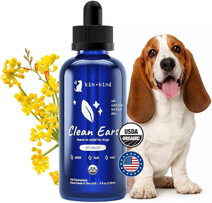 kin+kind Clean Ears - Natural Leave-in, No-Rinse Dog Ear Cleaner Solution - USDA Organic, Non-Greasy - 4 fl oz