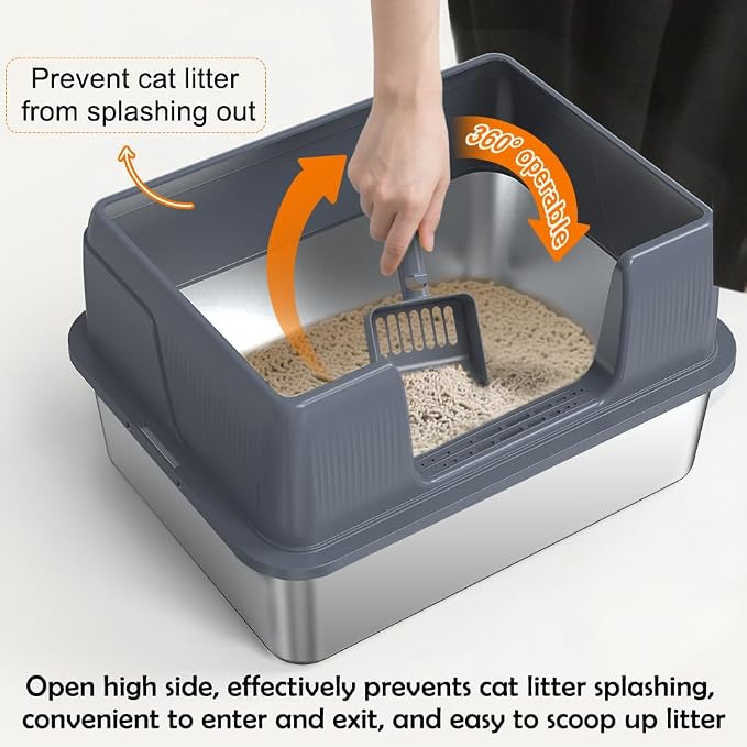 SZEE Small Stainless Steel Cat Litter Box, Kitten Litter Box Low Entry, Open Top Litter Pan Included Litter Scoop, Anti-Scratch Metal Cat Litter Tray Easy to Clean, Pet Toilet, 17x 13x 11 inches
