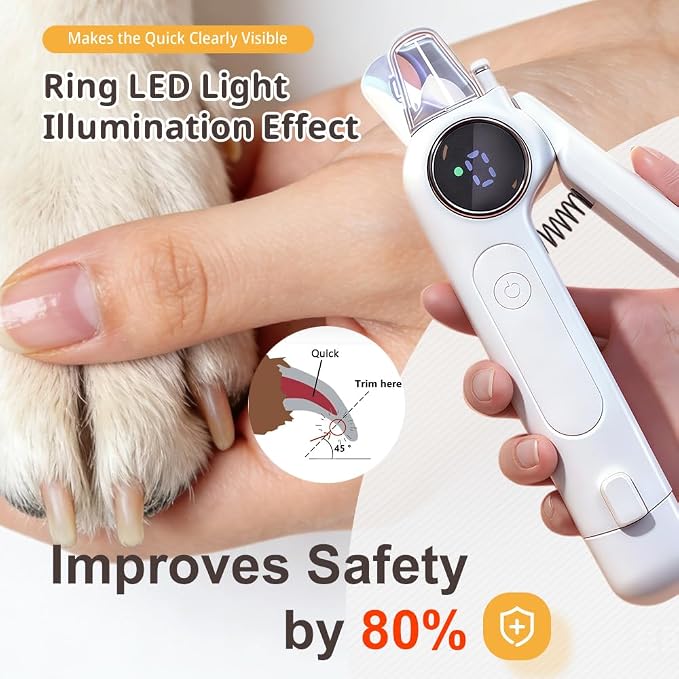 Dog Nail Grinder & Clipper - Rechargeable, Quiet | Rechargeable with LED light. Safe, painless filing for dogs, cats & puppies. Quiet motor. Professional tool（White）
