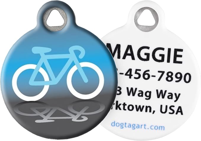 Bicycle Pet ID Tag | Personalized Dog Tag for Dogs & Cats | Cycling Bike Icon Design | Custom Silent Nametag | Small (7/8")