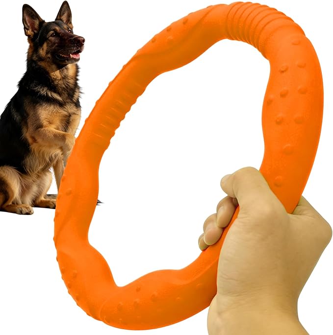 LaRoo Dog Chew Toy Ring, Floating Dog Pool Toy, Flying Disc for Medium & Large Dogs, Interactive Tug of War & Teething Relief, Pet Training Outdoor Fetch Toys (Orange,11.8'')