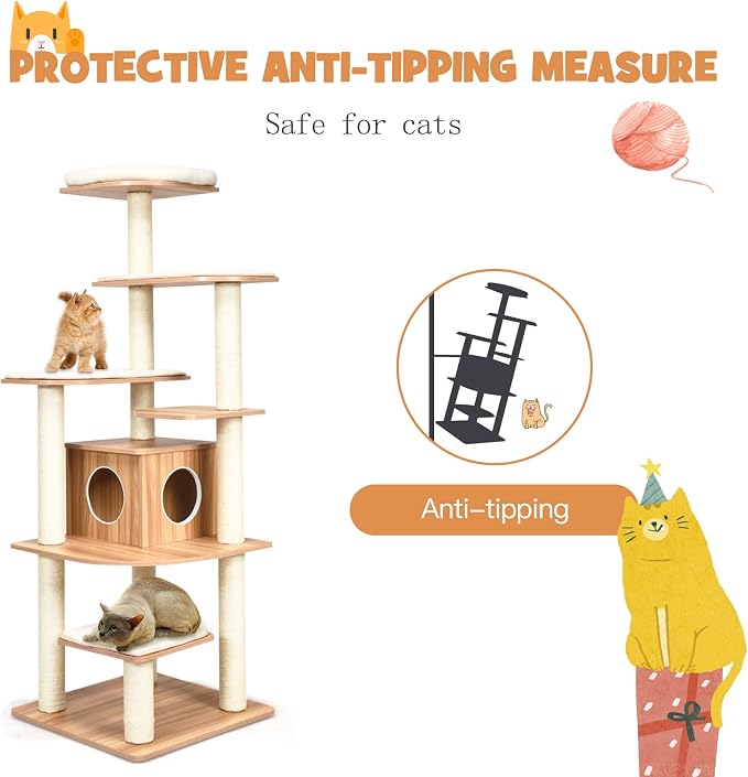 69 Inches Tall Cat Tree, Modern Wooden Cat Tower with Sisal Scratching Posts, Double-Entry Cat Condo, Multiple Jumping Platforms with Removable Soft Pads, Ideal for Indoor Cats Large Adult