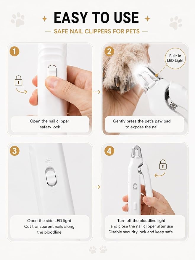 2-in-1 LED Pet Nail Clipper & Grinder with Hair Remover Included, USB Rechargeable Dog & Cat Nail Trimmer with Safety Guard, Low Noise Grooming Tool for Small Medium Large Pets, White