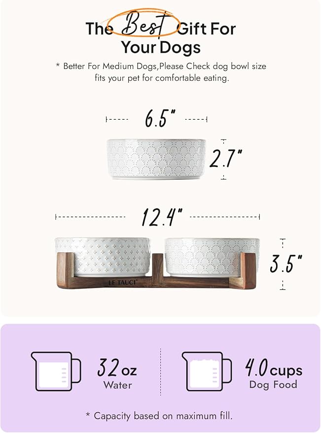 LE TAUCI Dog Bowls Ceramic for Small Medium Dogs - 4-Cup Dual Food & Water Bowl Set with Acacia Wood Stand, Non-Slip Anti-Tip Elevated Design