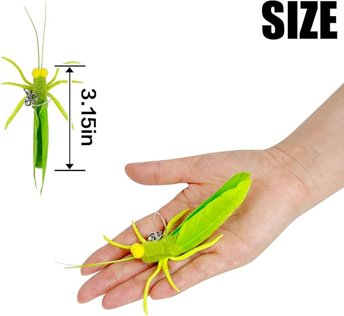 TTcat 3 Pack Grasshopper Cat Wand Refills, Realistic Green Insect Natural Feather Detachable Replacement Toy with Bell, Universal Lobster Clip-on Cat Teaser Attachments.