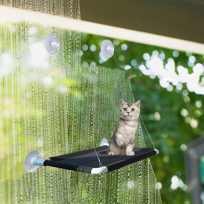 Cat Hammock Window Seat Mesh Shelf Indoor Cat Perch Rugged Hanging Bed Removable Quick Sturdy Suction Cups Suitable for Window Use, Black