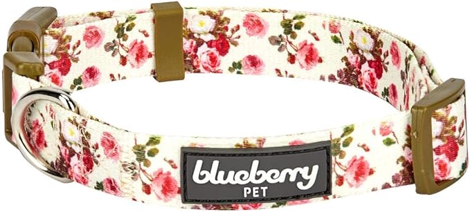Blueberry Pet 7 Patterns Spring Scent Inspired Pink Rose Print Ivory Adjustable Dog Collar, Large, Neck 18"-26"