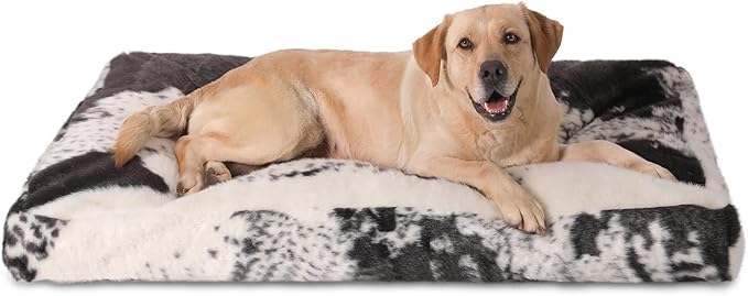 Bedfolks Waterproof Kennel Pad,Plush Dog Crate Bed with Removable, Washable Faux Fur Cover for Extra Large Dogs, Fluffy - 41"x27", Black-White Cowhide
