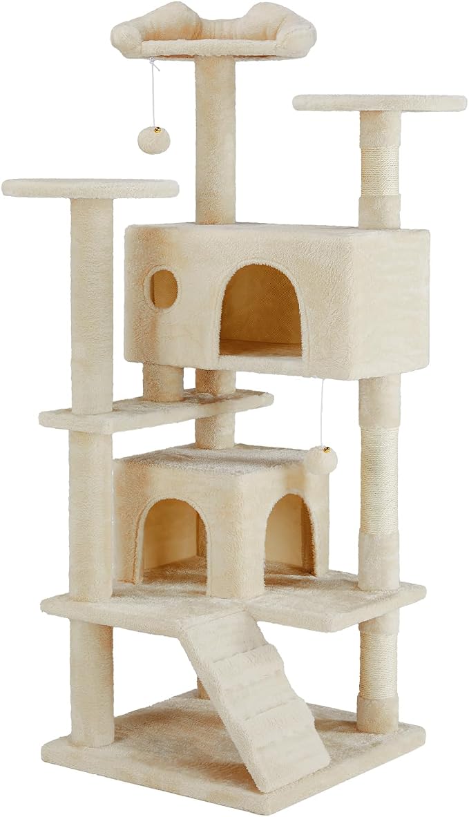 Sweetcrispy 54-inch Cat Tree Tower with Scratching Posts, Indoor Use | Multi-Level Indoor Cat Tree Condo with Climbing Ladder, Plush Toy, Play House for Kitten, Beige