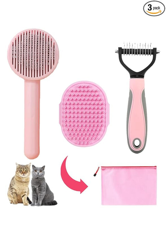 Cat Brush for Shedding 5pcs - Long Haired Cats Brush, Indoor Cats Brush, Small Dogs Brush, Matted Fur Hair Brush with Flea Comb Set, Pink