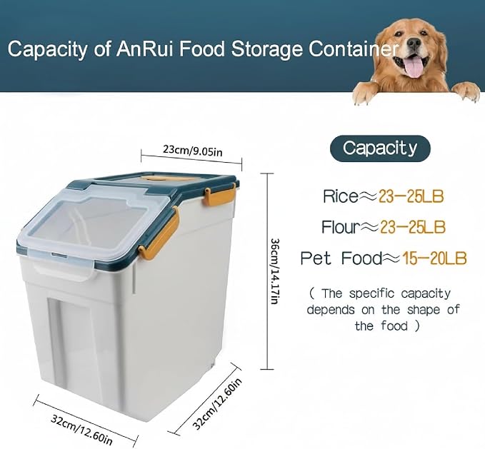 AnRui Flour Storage Container 25lb, Grain Storage Bucket, Airtight Rice Cereal Dispenser Organizer Box with Lid, Wheat Berry Storage Bin with Measuring Cup, Scoop, Wheels, 2Pcs Blue