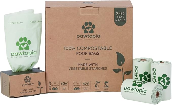 Pawtria Home Compostable Dog Poop Bags (240) + Paper Poop Bag Holder | Dispenser, Dog Poop Bag Rolls, Vegetable Starches, Leakproof, Easy to Open, Poop Bags for Dogs, Cat Litter, Dog Waste Bags