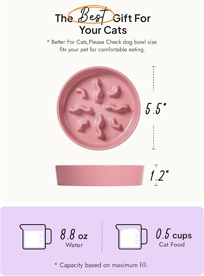 LE TAUCI PET Ceramic Slow Feeder Dog Bowls Small Breed, 0.5 Cups Dog Food Dish for Fast Eaters, Puzzle Bowl for Small Dogs and Cats, 5.5 Inch-Pink