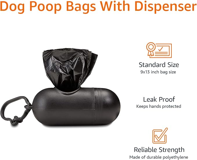 Amazon Basics Dog Poop Leak Proof Bags with Dispenser and Leash Clip, Unscented, 13" x 9", (60 Rolls), 900 Count (Pack of 6)