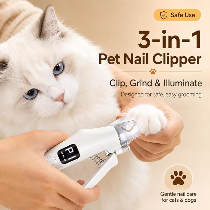 AMYJOY 2-in-1 Cat Nail Clippers & Dog Nail Clippers with Grinder, Pet Nail Trimmer for Small Medium Large Dogs and Cats, Dual LED Lights, 6000 RPM Quiet USB Rechargeable Grinder with Safety Guard