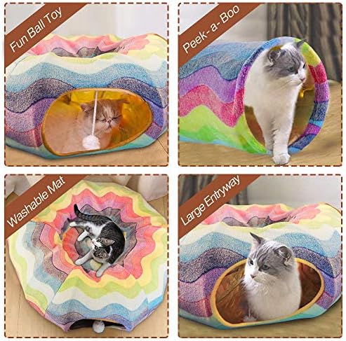 HOMEYA Cat Tunnel Bed with Mat,Collapsible 3 Way Cat Play Tube Condo Toy with Peek Hole Fun Ball Indoor Outdoor Soft Hideout Exercising Playground for Pet Dog Kittens Kitty