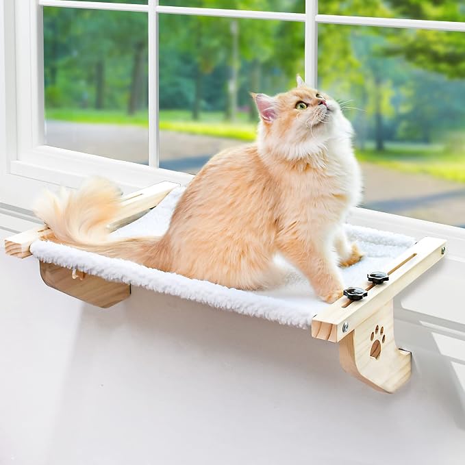 AMOSIJOY Cat Windowsill Perch with Wood & Metal Frame for Large Cat, 24.4in | Solid Wood Frame, Easy to Adjust, Washable Berber Fleece Cover, No Suction Cups Cat Window Seat for Windowsill, Bedside