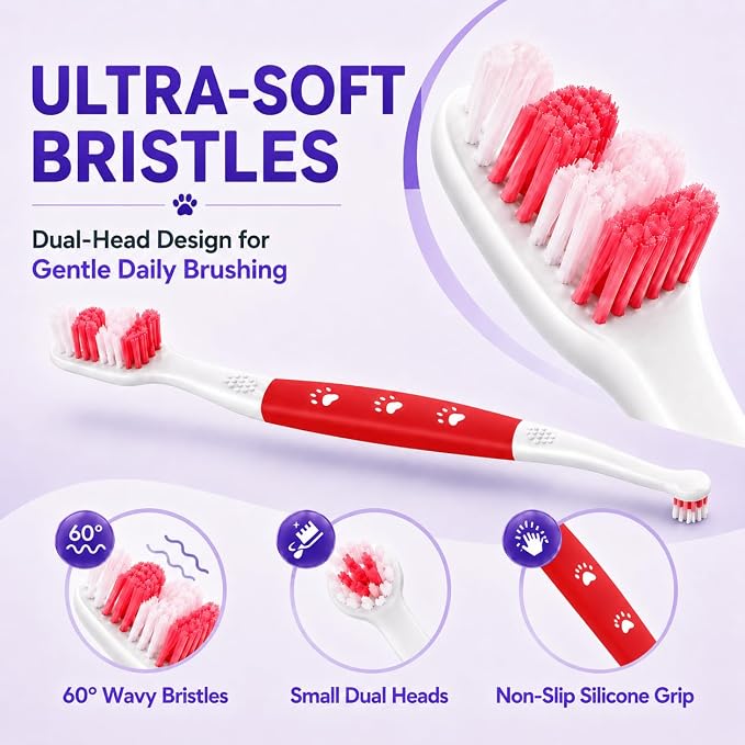 Dog Toothbrush, Dual-Head, for Medium-Large Dogs, Red | Soft Bristles for Gentle Cleaning, 60° Curved Bristles for Better Coverage, Comfortable for Sensitive Gums