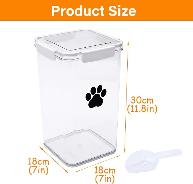 6L Dog Food Storage Container,Airtight Pet Food Storage Containers with Buckle-Lock Lids & Spoon,Plastic Cat Food Container,Dog Treat Container for Dog, Cat, Bird Seed - Bright White