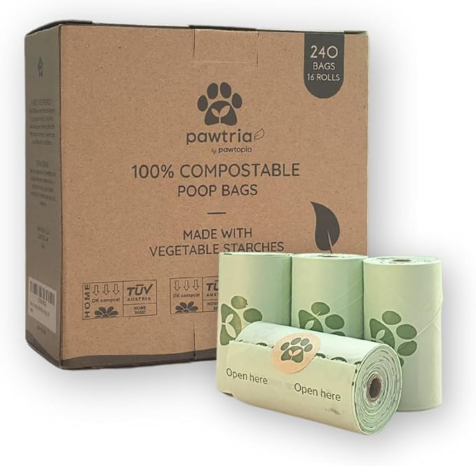 Pawtria Certified Home Compostable Dog Poop Bags (240), Poop Bags for Dogs, Cat Litter, Vegetable Starches, Dog Waste Bags, Leakproof, Easy to Open, Give Back
