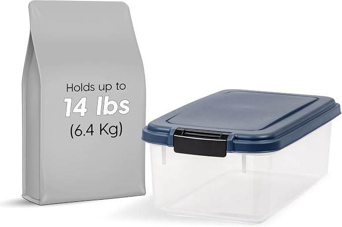 IRIS USA Airtight Dog Food Storage Container, Up to 14 lbs, Dog Cat Bird and Other Pet Food Treats Storage Bin, Dog Cat Wet Food Cans, Keep Fresh, BPA Free, Stackable, Navy | BPA-Free, Airtight Seal, Best for Cat Food, Bird Seed, Chicken Feed, Pet Toys...
