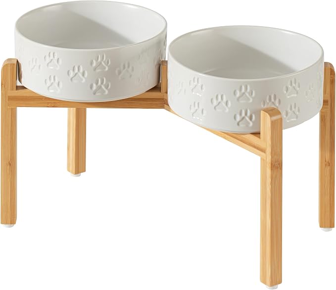 Elevated Ceramic Dog Bowl Set, Anti-Skid Bamboo Stand, White, 8.3 inch | Food and Water Bowls with Fixed Non-Slip Rubber Ring, Microwave Safe, Easy to Clean, 7.5 Cup per Bowl, for Large Breed Dogs