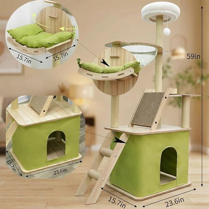 59.1-Inch-Green Cat Tree for Indoor Cats Large Adult, with Cat Condos,Cat Scratchers,Cat Hammock,Space Capsule, Plush Jumping Platform,Hanging Ball,Cat Trees for Indoor Cats(Green/Log Color)