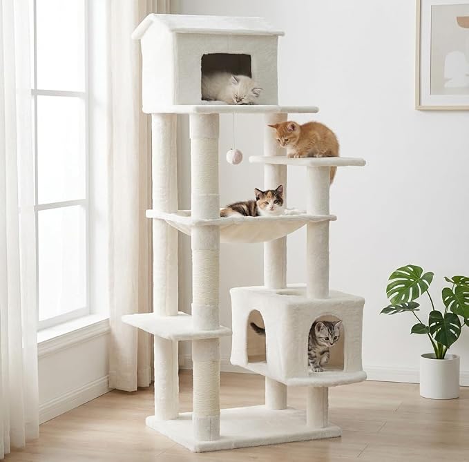 64 Inches Multi-Level Large Cat Tree Tower with Cat House for Indoor Cats/Cozy Perches/Cat Condo/Sisal Scratching Posts/Hammock/Cat Activity Center Play House/Wide Base