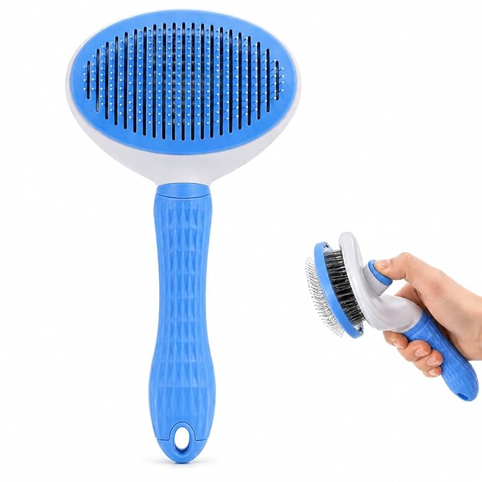 Pet Grooming Deshedding Brush, Self-Cleaning Massaging Brush for Dogs and Cats, Short and Long Hair (Blue)
