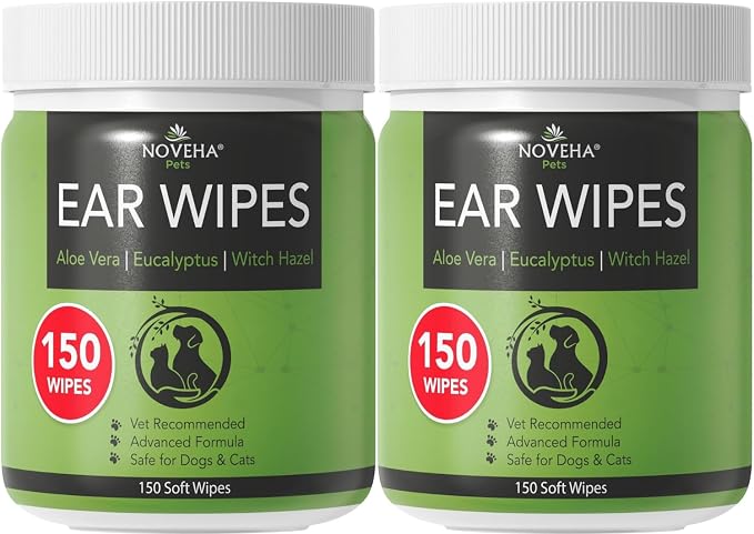 NOVEHA 300PCs Dog Ear Cleaner Wipes, Daily Ear Cleaner for Dogs & Cats - Stop Ear Itching with Aloe, Eucalyptus & Witch Hazel Ear Wipes for Dogs - for Odor Control, Dirt and Wax Removal, Unscented