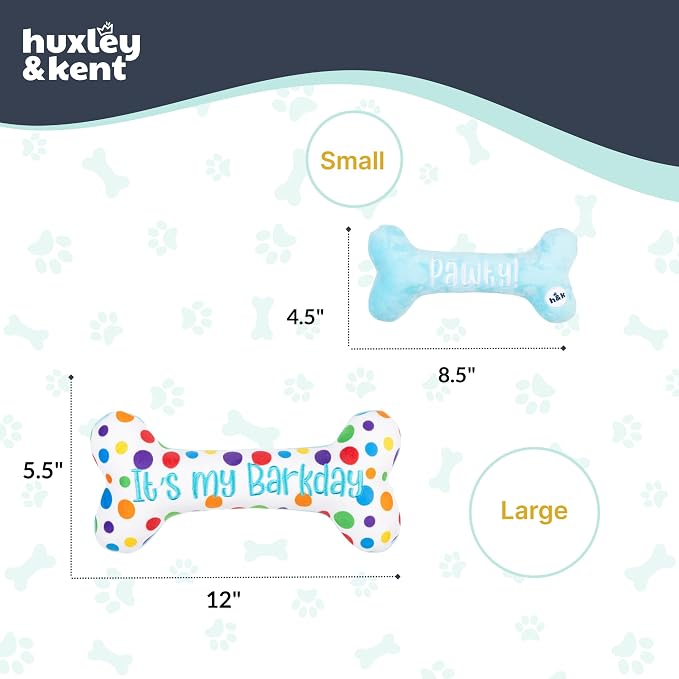 Huxley & Kent Funny Dog Toy w/Squeaker – Power Plush Squeaky Dog Toys for Small, Medium & Large Dogs – Soft Stuffed Animal for Indoor Play & Fetch - It's My Barkday Bone, Large