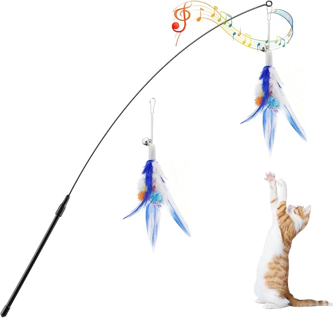 Pawaboo Feather Teaser Cat Toy, Interactive Feather Wand Cats Toy Flying Feathers Cat Catcher with Extra Long 34.5" Wand and Small Bell, Exerciser Playing Toys for Kitten or Cats, Blue