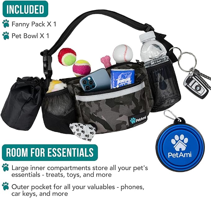 PetAmi Dog Fanny Pack, Treat Pouch for Dog Walking Training, Camo Black | Built in Poop Bag Dispenser, Water Bottle Holder, Collapsible Bowl, Pet Treat Waist Belt for Hiking Running Kibbles