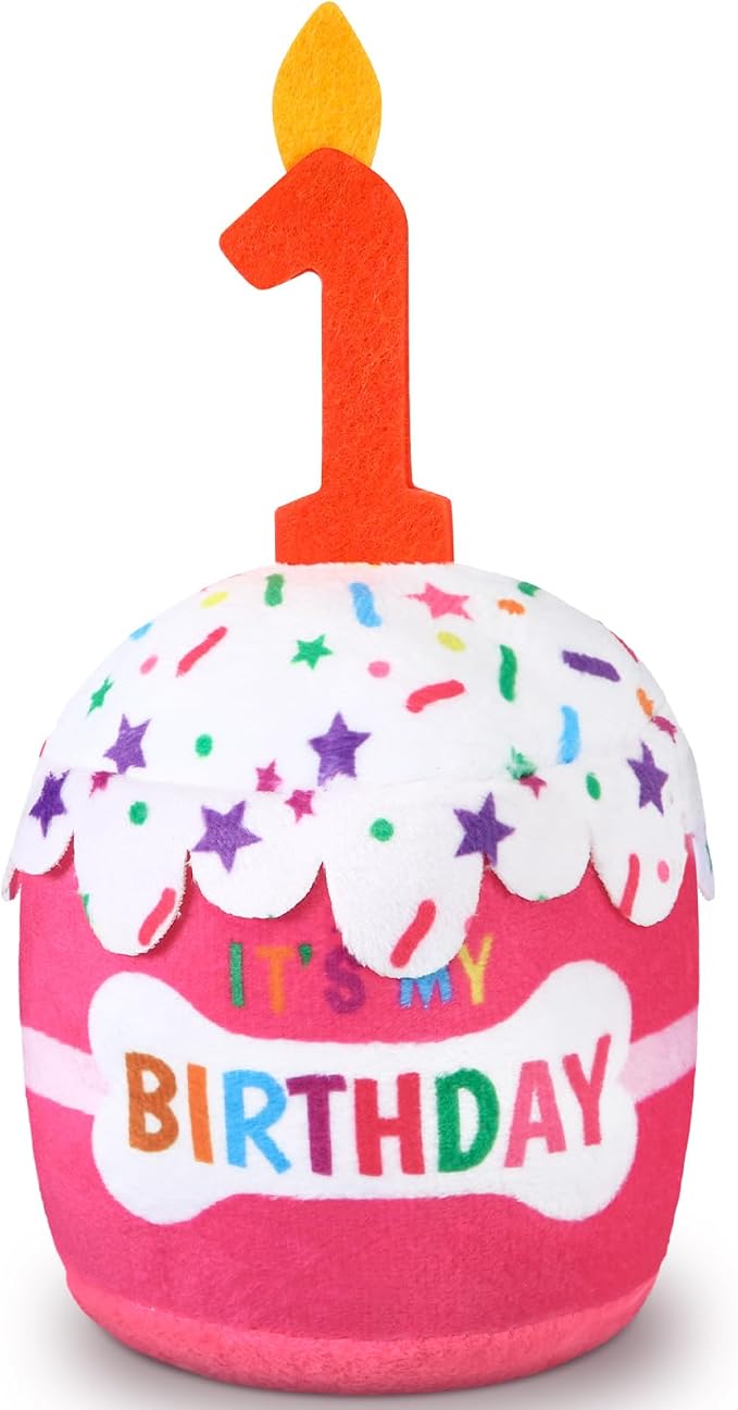Dansydaisy Dog Birthday Cake Toy Accessories for Girl Boy Gifts, Squeaky Plush Toy for Dog Birthday Party Decor Favor for Large, Medium and Small Dogs(1st,Pink)