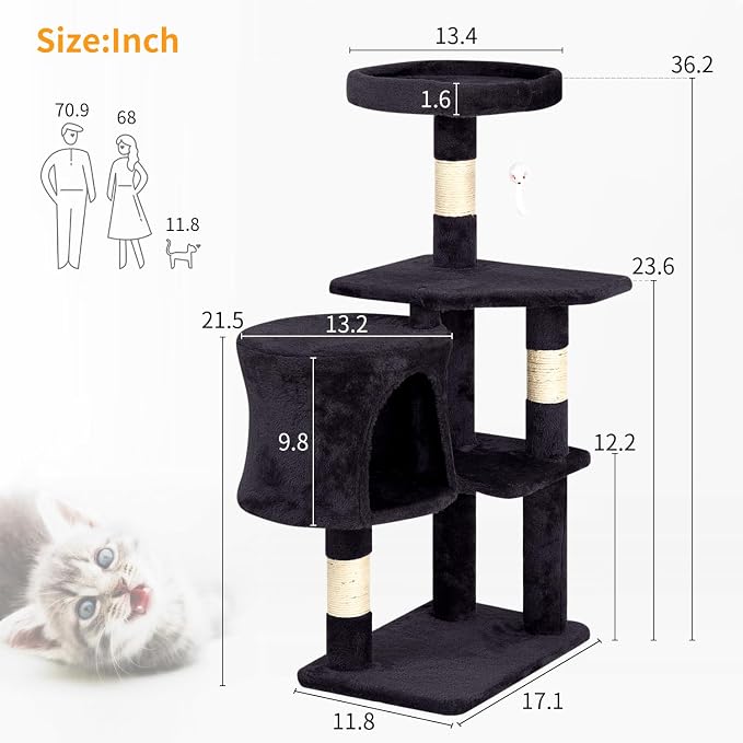 BestPet | 36" Cat Tree Tower | Dark Gray | Sturdy Multi-Level Cat Tree with Plush Condo, Cozy Perch, Sisal Scratching Posts, Hanging Toy and Stable Frame | Easy Assembly | for Kittens & Adult Cats
