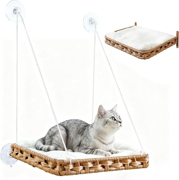 SETVSON Cat Window Perch 2-in-1 Cat Window Hammock Bed, Wall Shelves | Handwoven PE Rattan Kitty Seat with 4 Suction Cups, Double-Sided Washable Cushion Bed, 2.3" Fence, 16.5x12.6 In, Home Decor