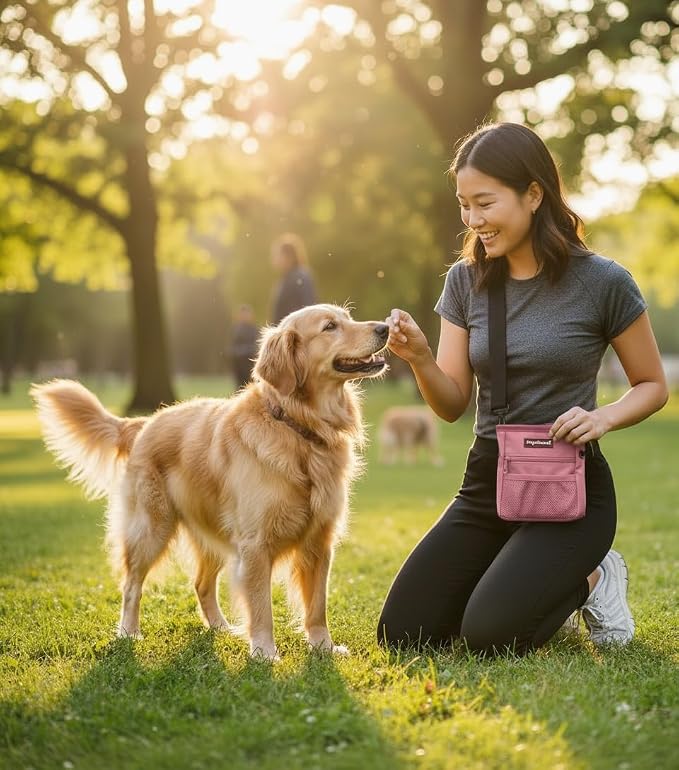 Dog Treat Pouch for Training – Magnetic Dog Treat Bag with Belt Clip & Poop Bag Dispenser – Hands Free Carry Pouch with Auto-Close Access & Shoulder Strap – Durable Pet Gear –Light Pink
