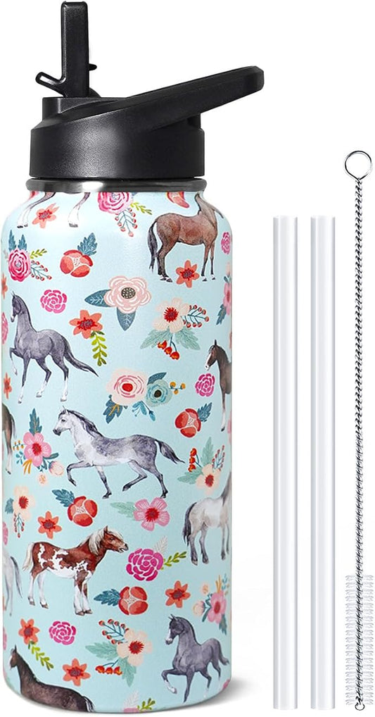 32oz Horse Stainless Insulated Aater Water Bottle with Straw,Horse Gym Hiking Sports Coffee Mug Cup Water Bottles,Horse Gifts for Women,Horse Decor Stuff Accessories