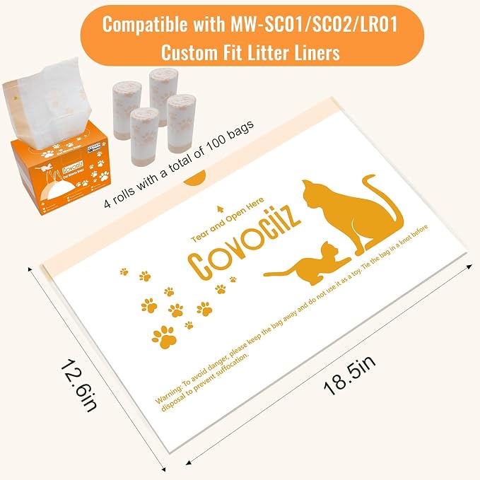 100 Pack Cat Litter Box Liners, Compatible with MeoWant SC01/C02/LR01 Litter Bags, Extra Thick Drawstring Heavy Duty Cat Waste Bags, 18.5" x 12.6"