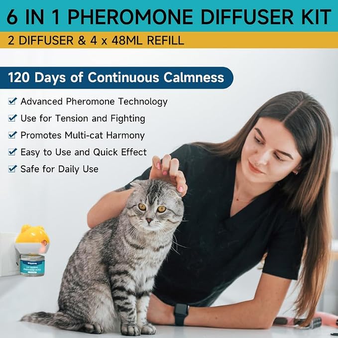 Woyamay Cat Calming Diffuser, Cat Pheromones Calming Diffuser, 6PCS | Cat Pheromone Diffuser Kit with 2 Diffuser + 4 Refill 48ml Vial - 120 Days Pheromone Diffuser to Calm Cats