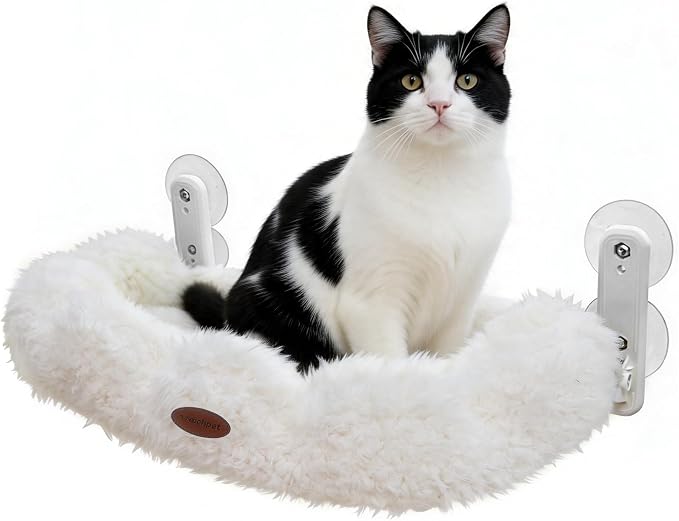 Cordless Cat Window Perch for Kitty,Soft Plush Cushion Fabric Cat Hammock for Window with 4 Strong Suction Cups and Solid Metal Frame,Easy to Assenble,Foldable Window Seat for Cats Inside