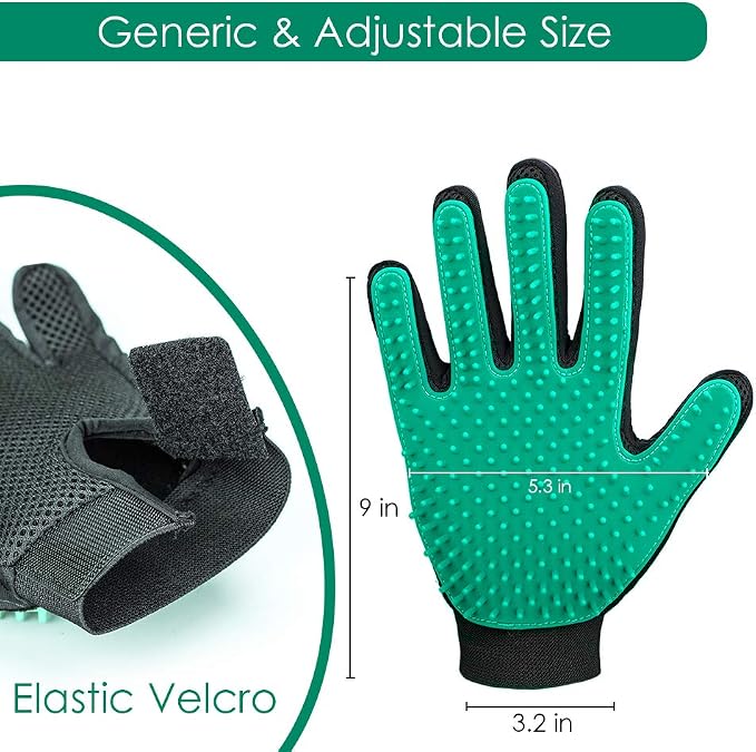 Pet Hair Removal Glove with 255 Silicone Tips for Dogs & Cats, 1 Pair Green | 2-in-1 Deshedding & Massage Mitt, 5-Finger Flexible Design, for Bathing & Grooming, Safe for Long/Short/Curly Hair Pets