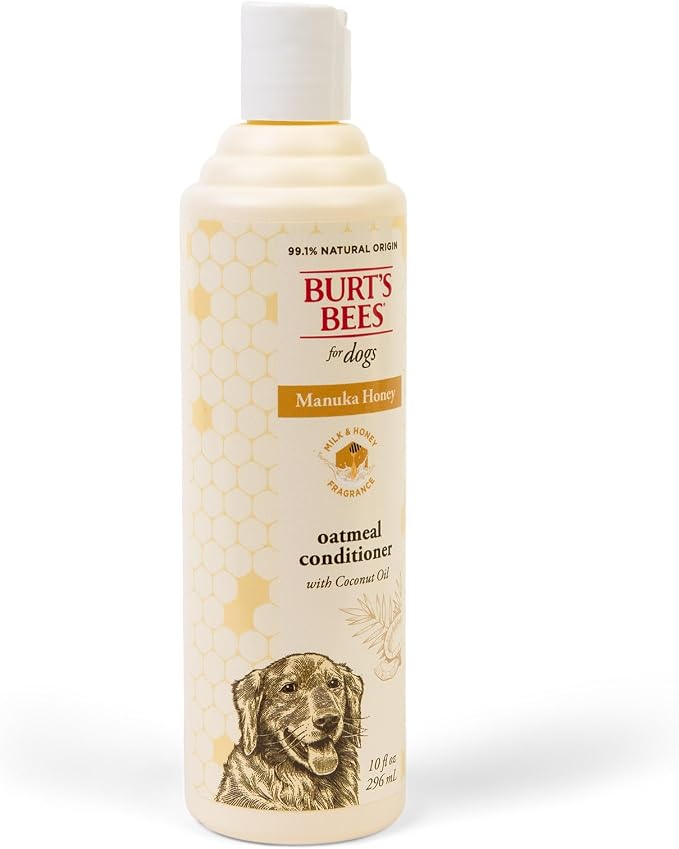 Burt's Bees Manuka Honey Oatmeal Dog Conditioner, Coconut Oil, 10 Fl Oz | Colloidal oatmeal, 95 percent natural origin, free of sulfates, parabens, and phthalates, leaves coat soft and shiny
